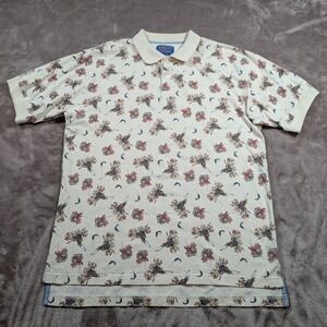 Pendleton Polo Shirt Mens Medium Cream Fishing Print Short Sleeve Cotton
